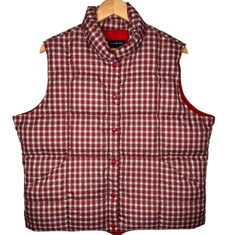 Lands End Women’s Down Puffer Vest Size XL Red Check Plaid Weather Resistant